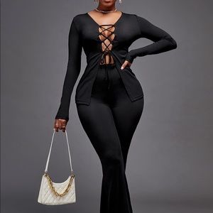 SHEIN SXY Lace Up Front Top With Flare Leg Pants